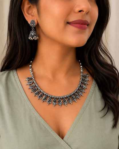 Oxidized Silver Floral Necklace & Jhumka Earrings Set LP- 48Hr Delivery