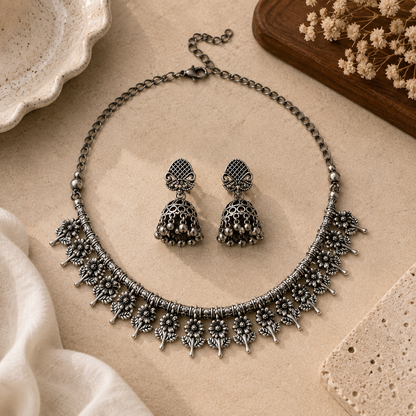 Oxidized Silver Floral Necklace & Jhumka Earrings Set LP- 48Hr Delivery