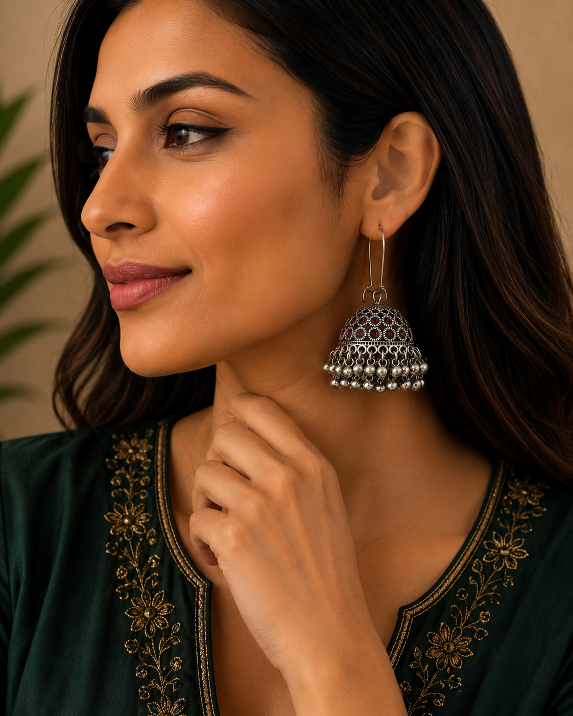 Oxidized Silver Dome Jhumka Earrings with Red Stone Detailing & Pearl Drops LP- 48Hr Delivery