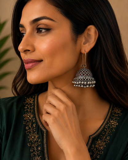 Oxidized Silver Dome Jhumka Earrings with Red Stone Detailing & Pearl Drops LP- 48Hr Delivery