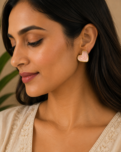 Pink Heart-Shaped Stone Stud Earrings with Gold-Tone Border