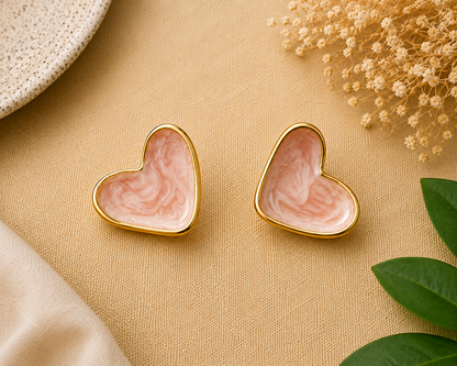 Pink Heart-Shaped Stone Stud Earrings with Gold-Tone Border