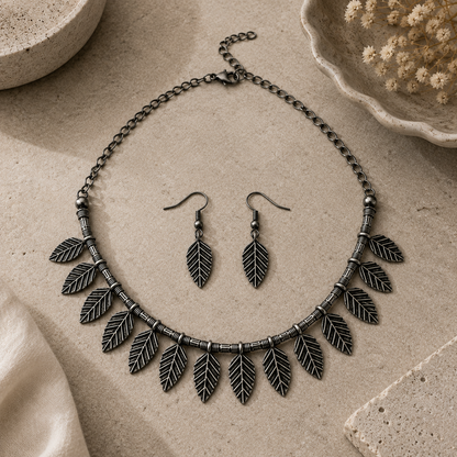 Antique Leaf Necklace & Earrings Set