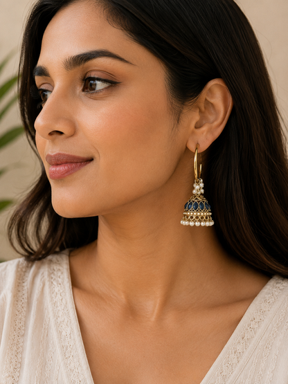 Blue Stone Jhumka Earrings with Pearl Drops