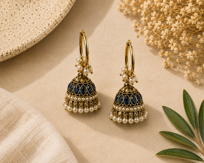 Blue Stone Jhumka Earrings with Pearl Drops