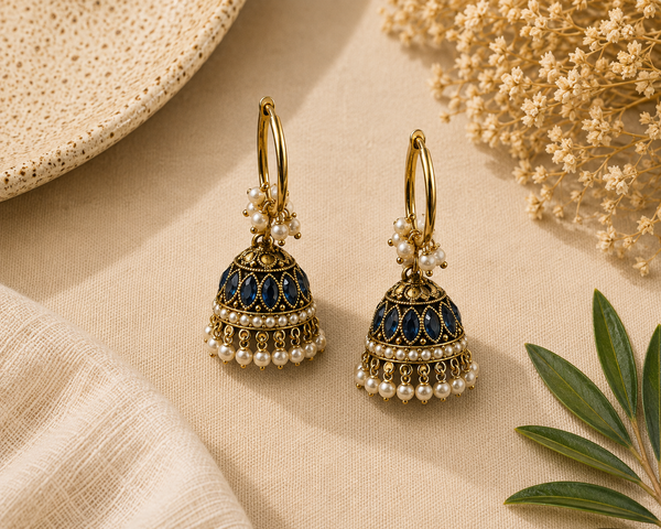 Blue Stone Jhumka Earrings with Pearl Drops LP- 48Hr Delivery