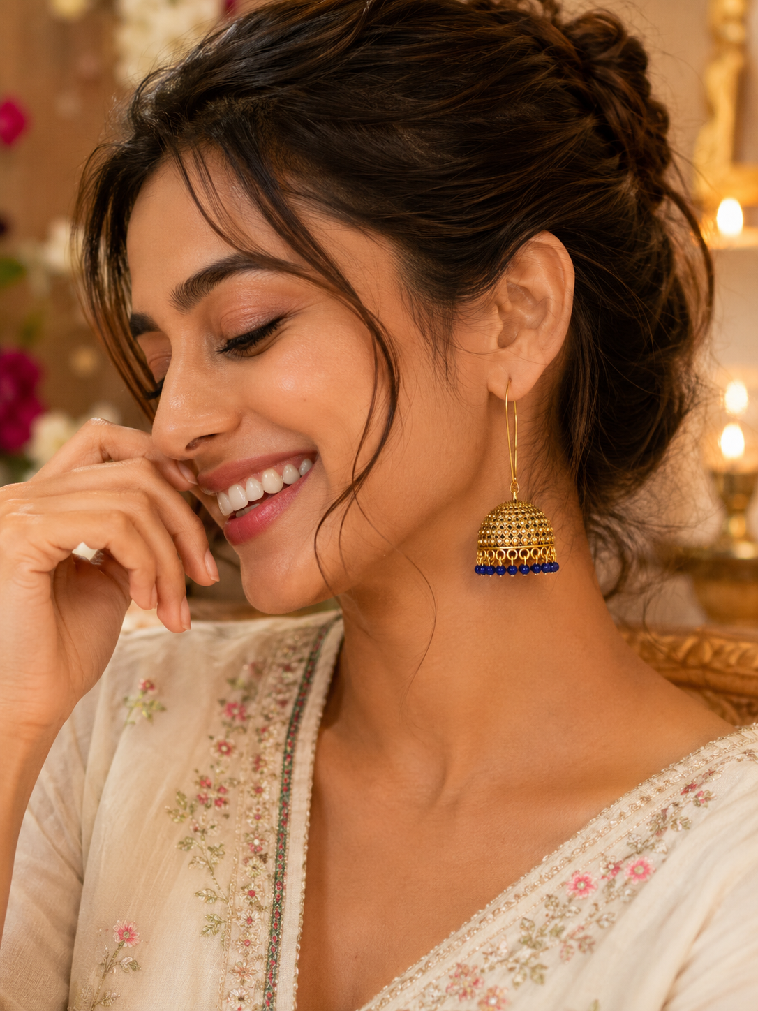 Gold-Tone Long Chain Jhumka Earrings with Blue Beads LP- 48Hr Delivery