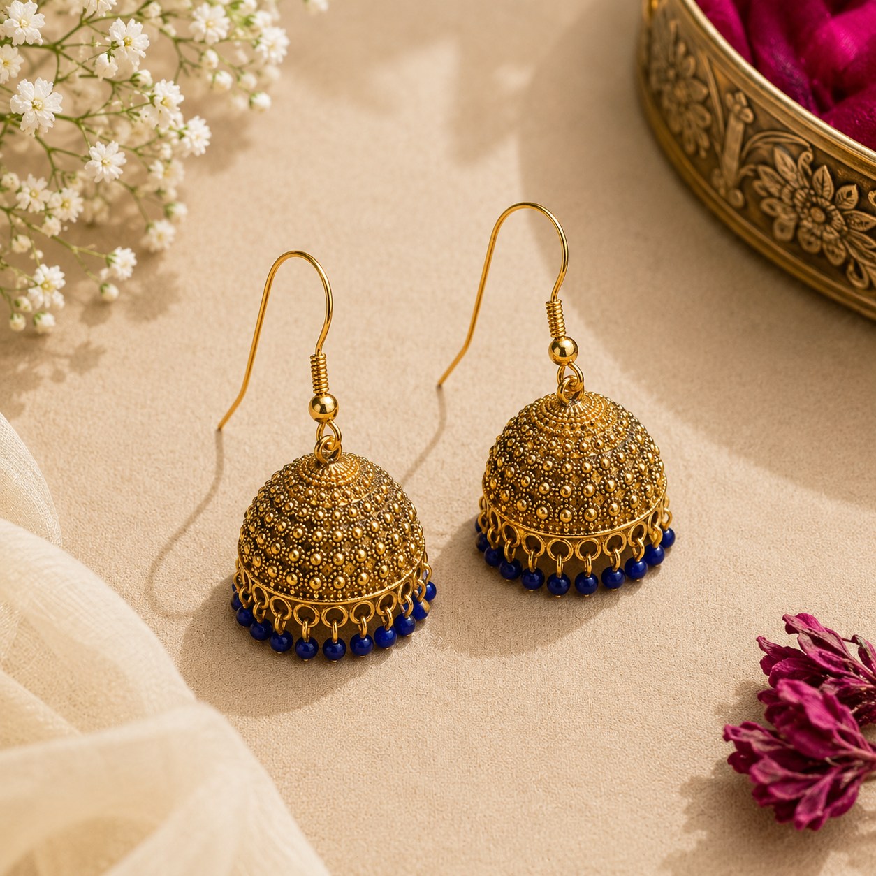 Gold-Tone Long Chain Jhumka Earrings with Blue Beads LP- 48Hr Delivery
