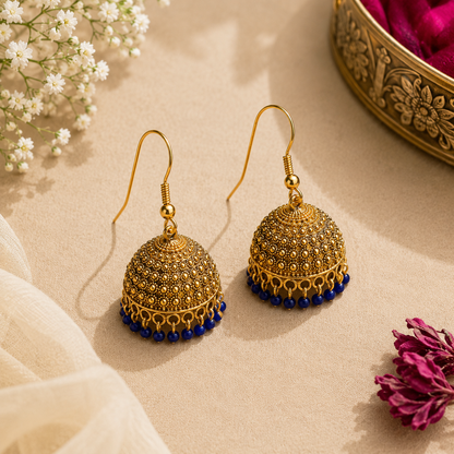 Gold-Tone Long Chain Jhumka Earrings with Blue Beads LP- 48Hr Delivery