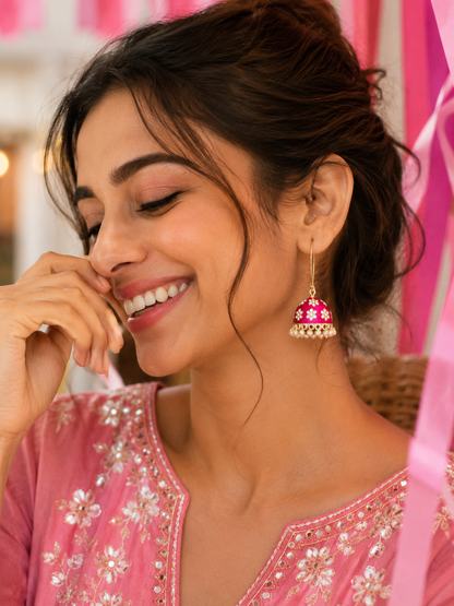 Pink Floral Jhumka Earrings with Pearl Drops