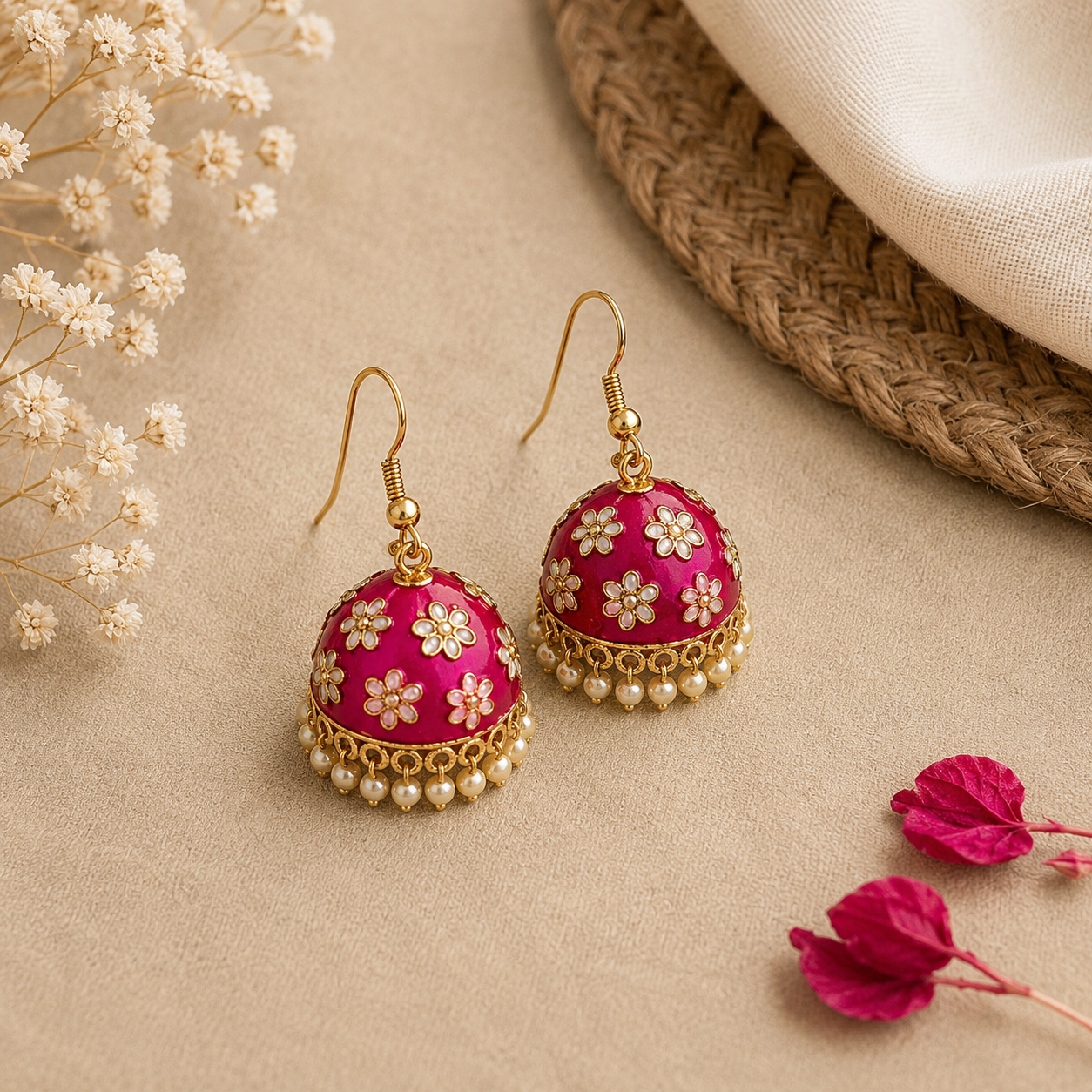 Pink Floral Jhumka Earrings with Pearl Drops