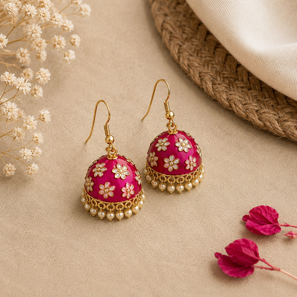 Pink Floral Jhumka Earrings with Pearl Drops