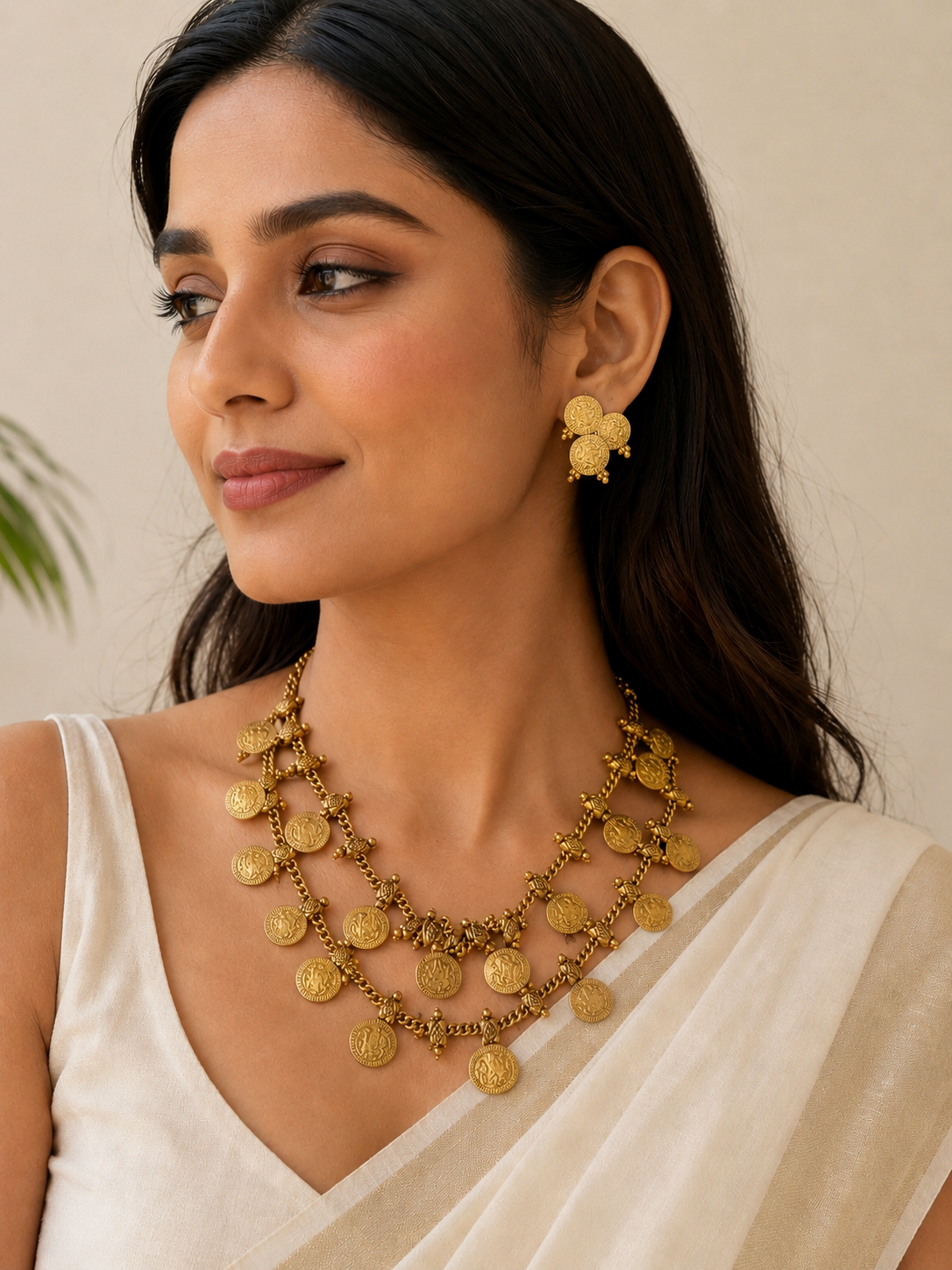 Antique Gold Coin Necklace & Earrings Set