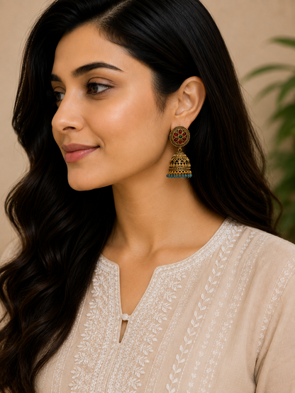 Ruby Floral Jhumka Earrings with Blue Bead Drops LP- 48Hr Delivery
