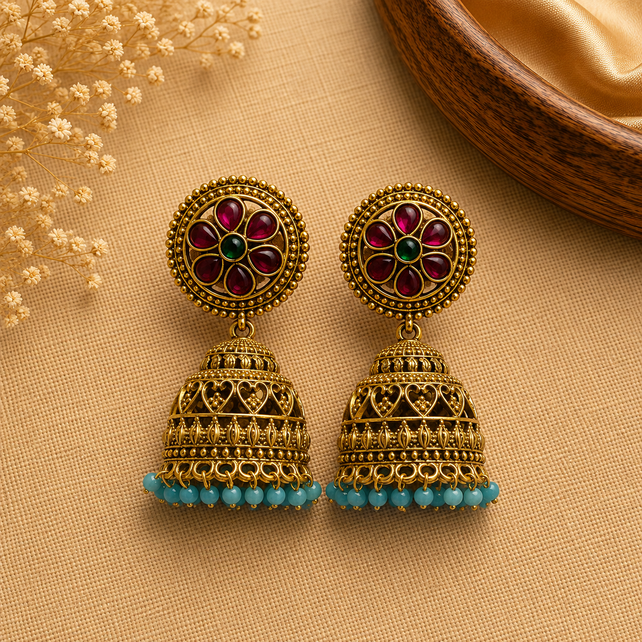 Ruby Floral Jhumka Earrings with Blue Bead Drops LP- 48Hr Delivery