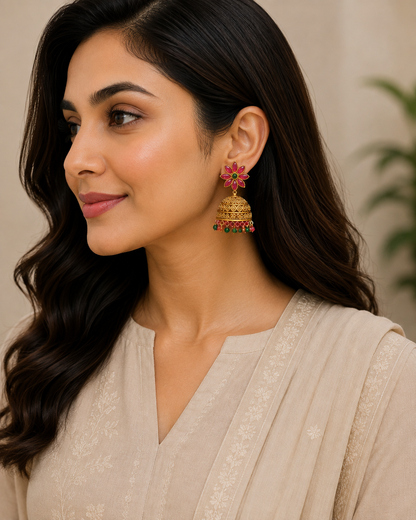 Ruby Floral Jhumka Earrings with Green & Red Bead Drops