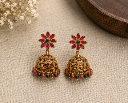 Ruby Floral Jhumka Earrings with Green & Red Bead Drops