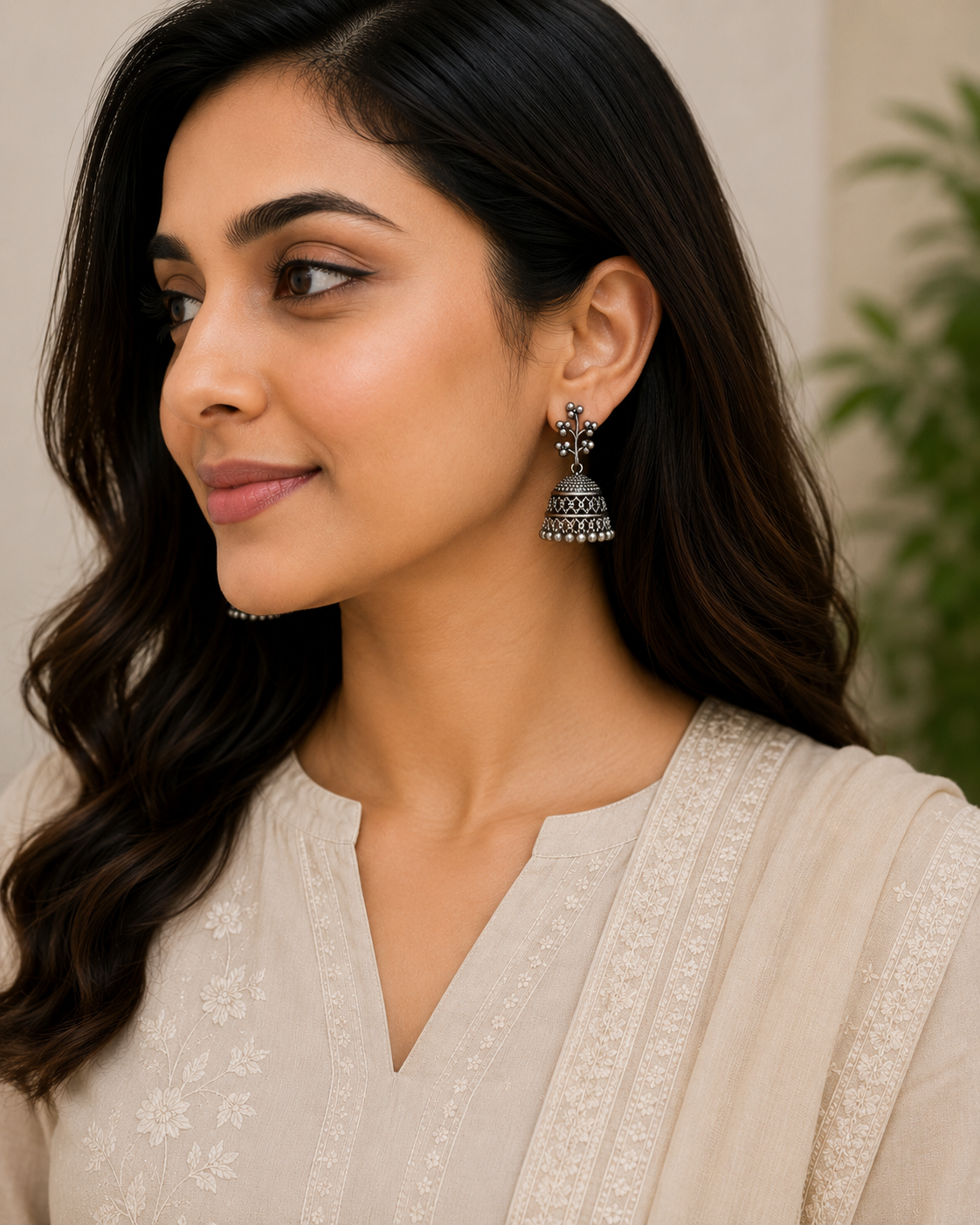 Oxidized Silver Floral Jhumka Earrings