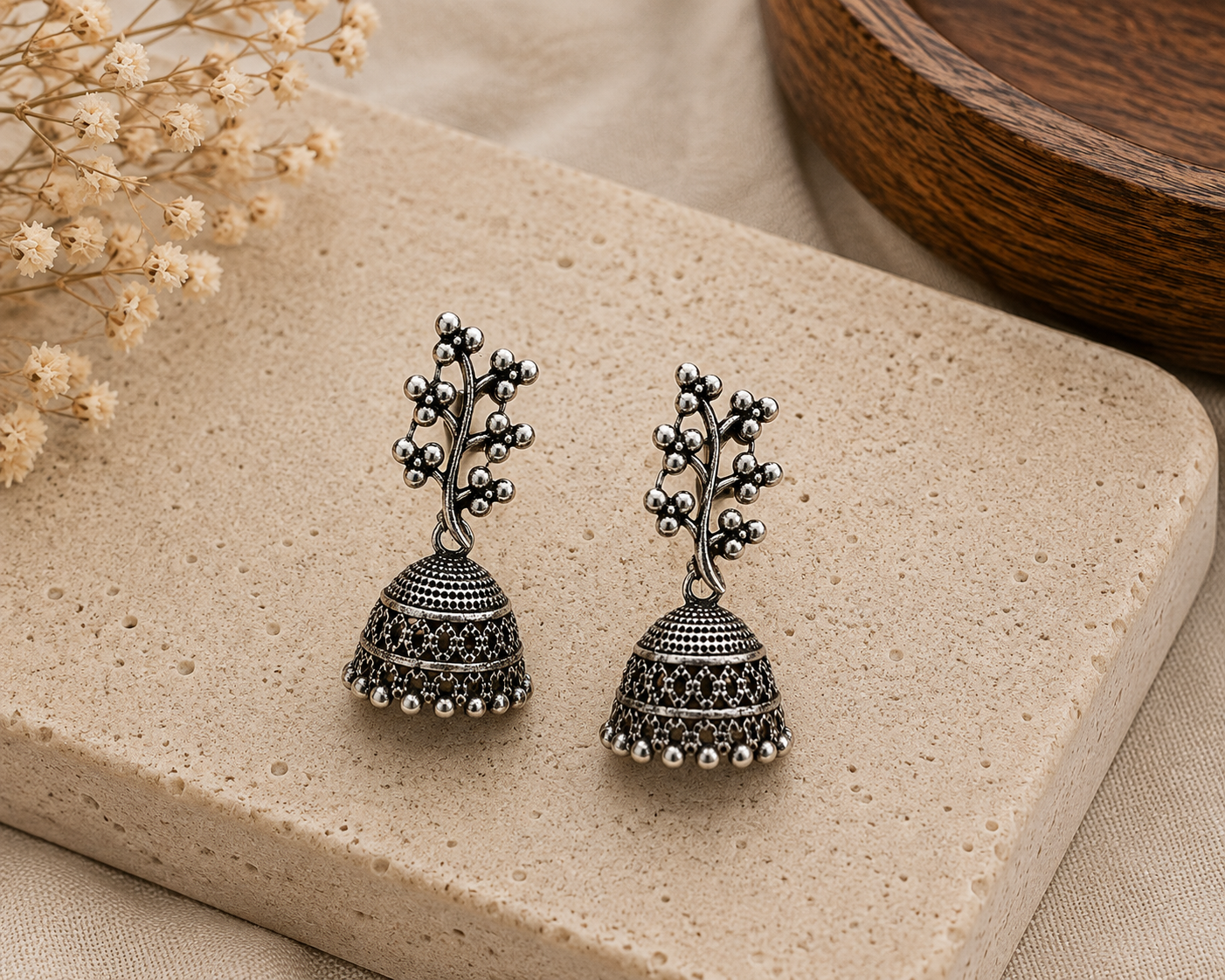 Oxidized Silver Floral Jhumka Earrings
