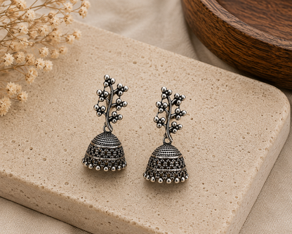 Oxidized Silver Floral Jhumka Earrings