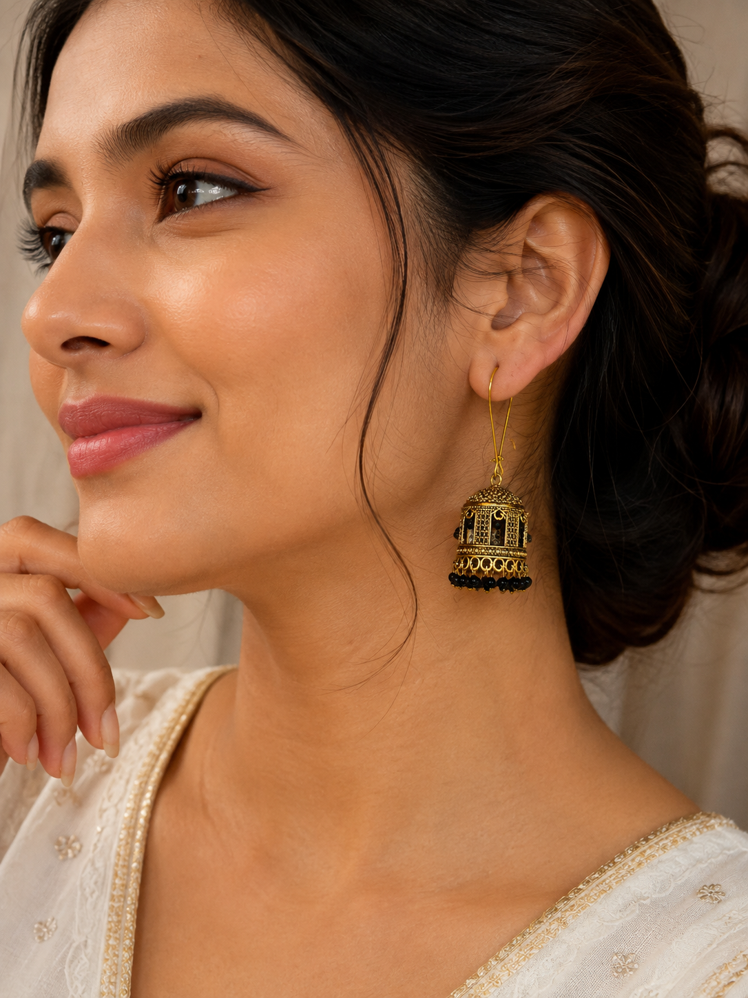 Antique Gold Long Chain Jhumka Earrings with Black Beads LP- 48Hr Delivery