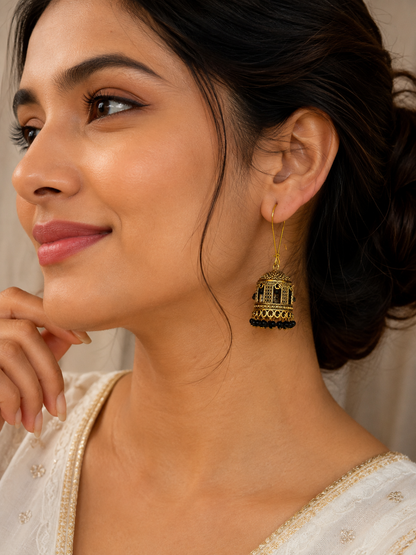 Antique Gold Long Chain Jhumka Earrings with Black Beads LP- 48Hr Delivery