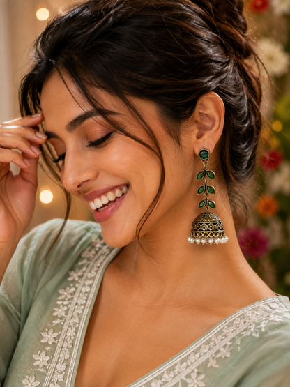 Green Leaf Jhumka Earrings with Pearl Drops