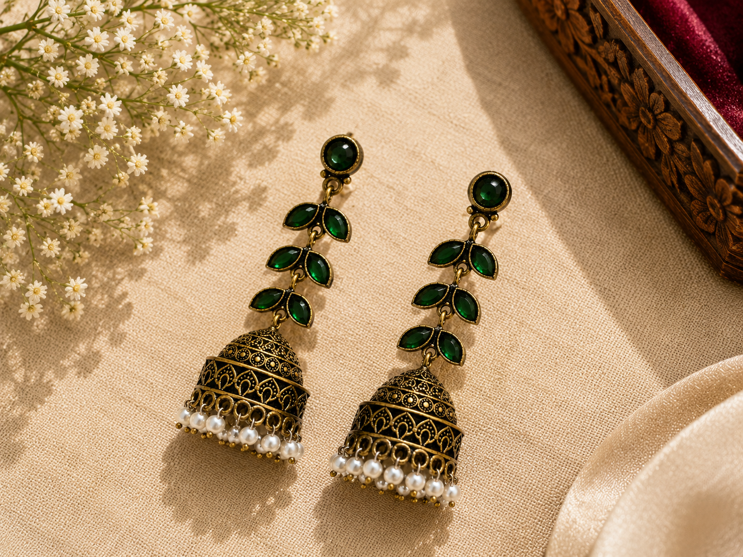 Green Leaf Jhumka Earrings with Pearl Drops