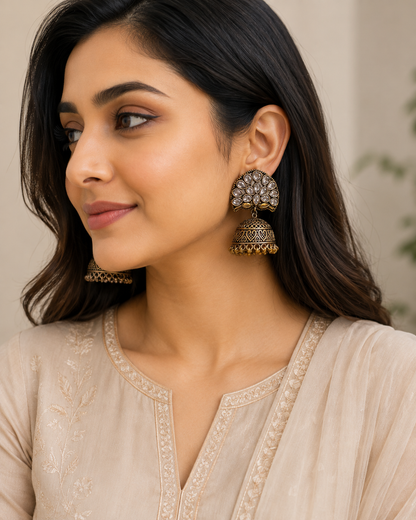 Antique Gold Dome Jhumka Earrings with Clear Stone Stud