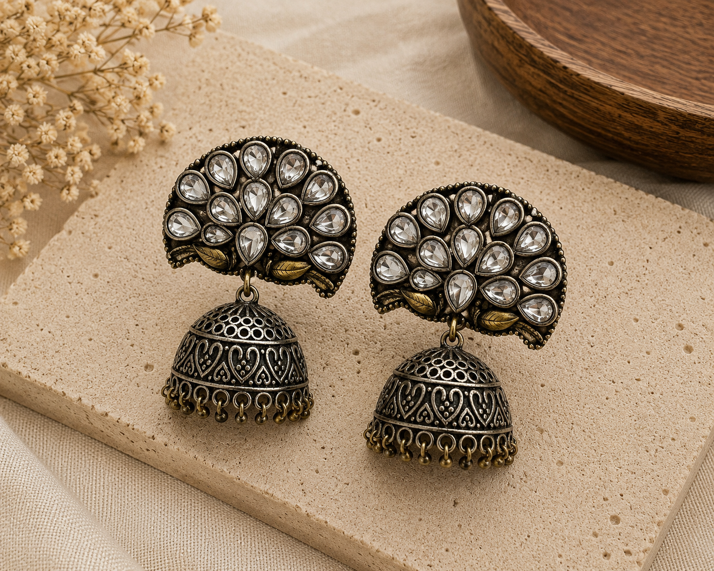Antique Gold Dome Jhumka Earrings with Clear Stone Stud