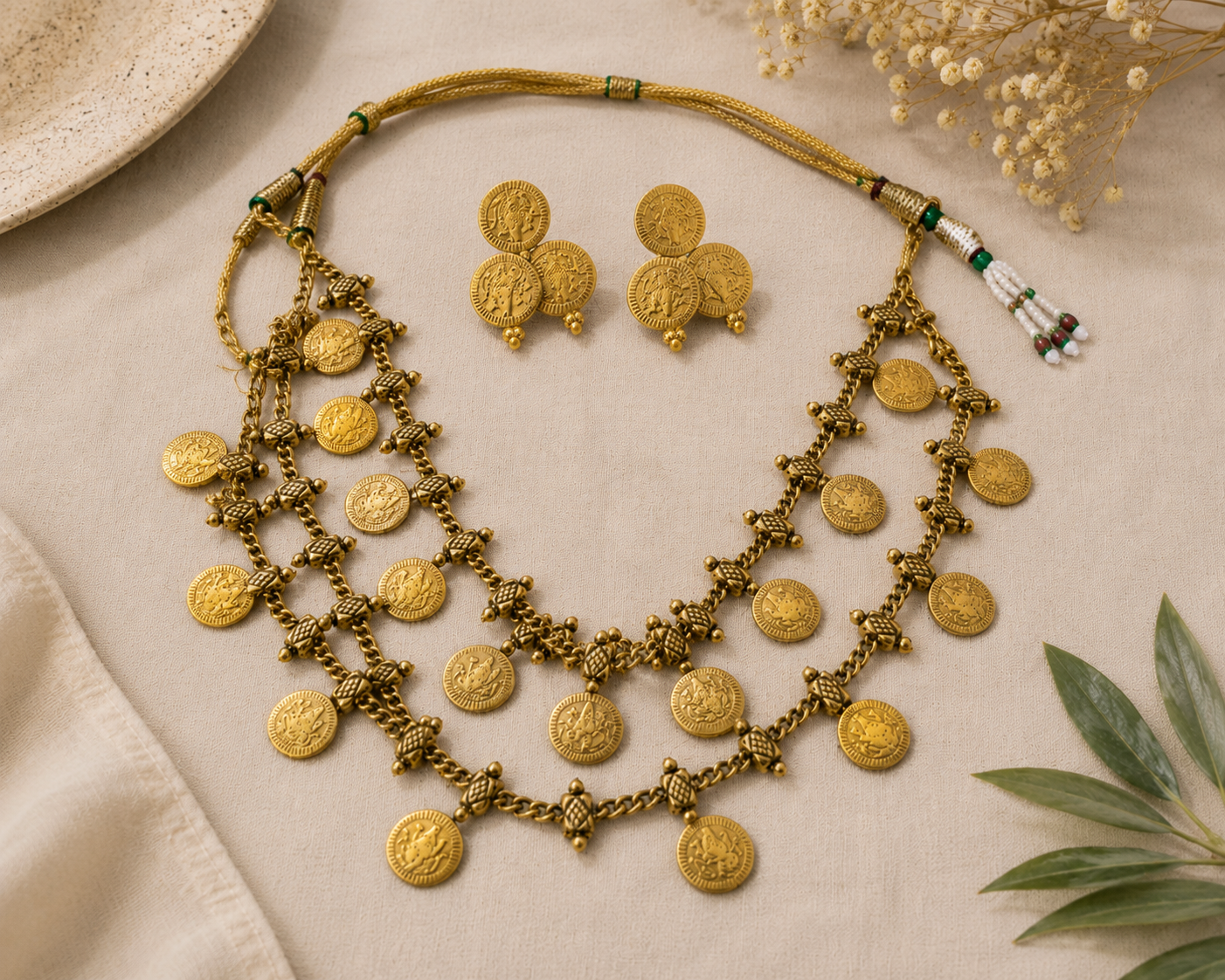 Antique Gold Coin Necklace & Earrings Set