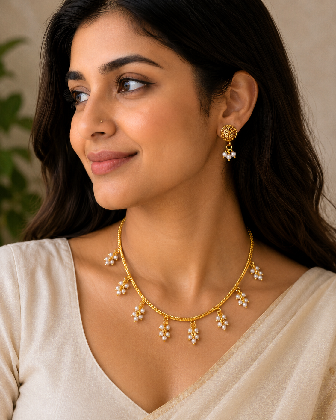 Gold-Tone Pearl Drop Necklace & Earrings Set LP- 48Hr Delivery