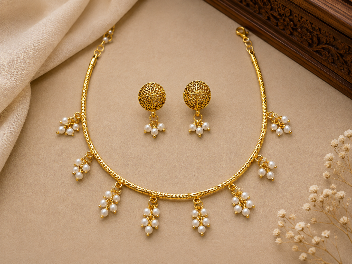 Gold-Tone Pearl Drop Necklace & Earrings Set LP- 48Hr Delivery