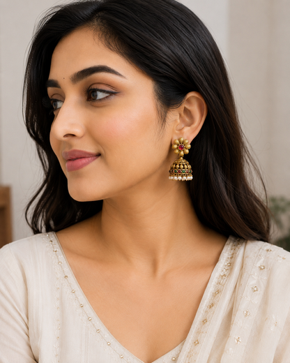 Gold Floral Jhumka Earrings with Ruby & Green Stones and Pearl Drops