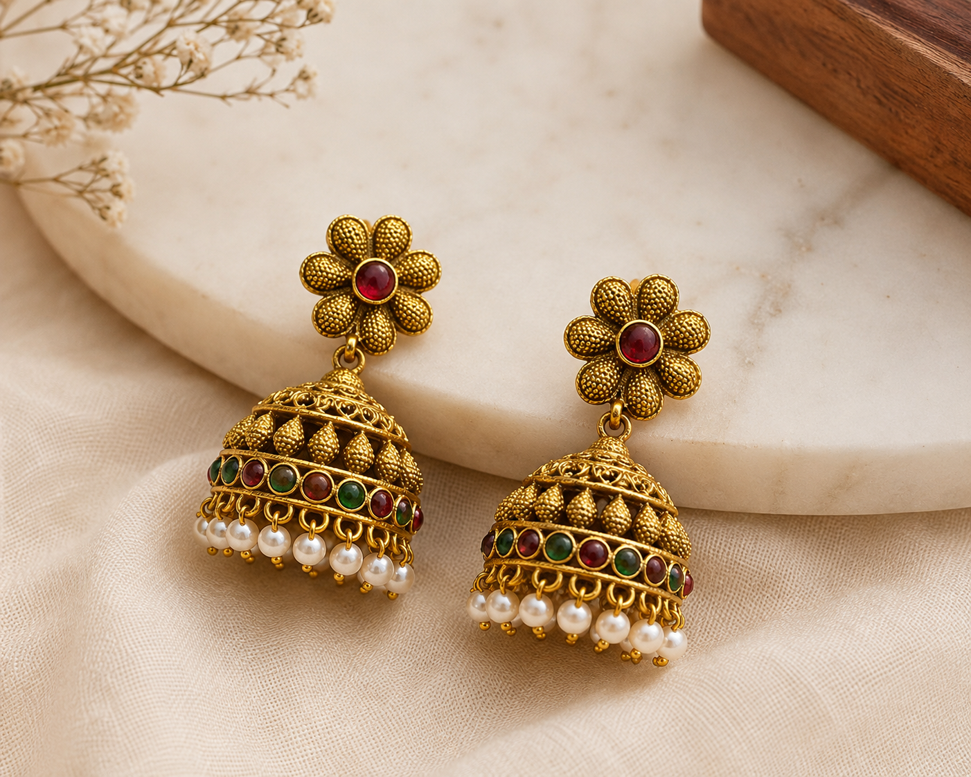 Gold Floral Jhumka Earrings with Ruby & Green Stones and Pearl Drops