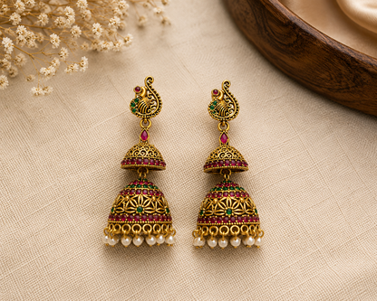 Antique Gold Layered Jhumka Earrings with Ruby & Green Stones
