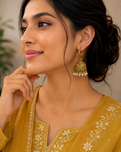 Antique Gold Hoop Jhumka Earrings with Pearl Drops