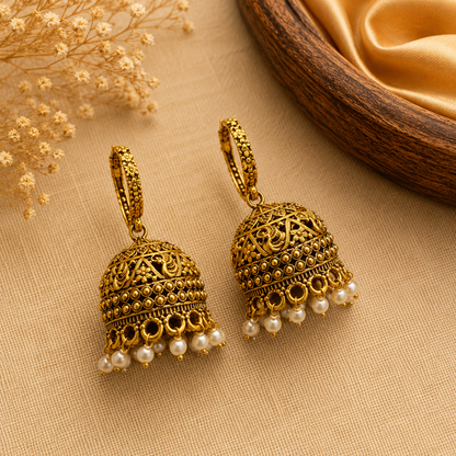 Antique Gold Hoop Jhumka Earrings with Pearl Drops