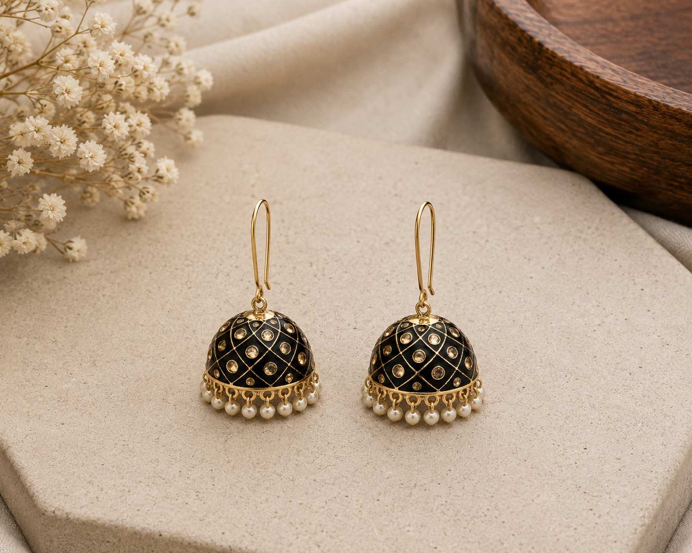 Black & Gold Dome Jhumka Earrings with Pearl Drops