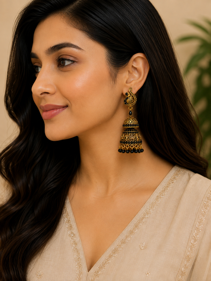 Antique Gold Peacock Jhumka Earrings with Black Bead Drops