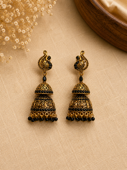 Antique Gold Peacock Jhumka Earrings with Black Bead Drops
