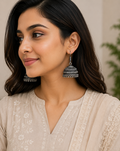 Oxidized Silver Dome Jhumka Earrings