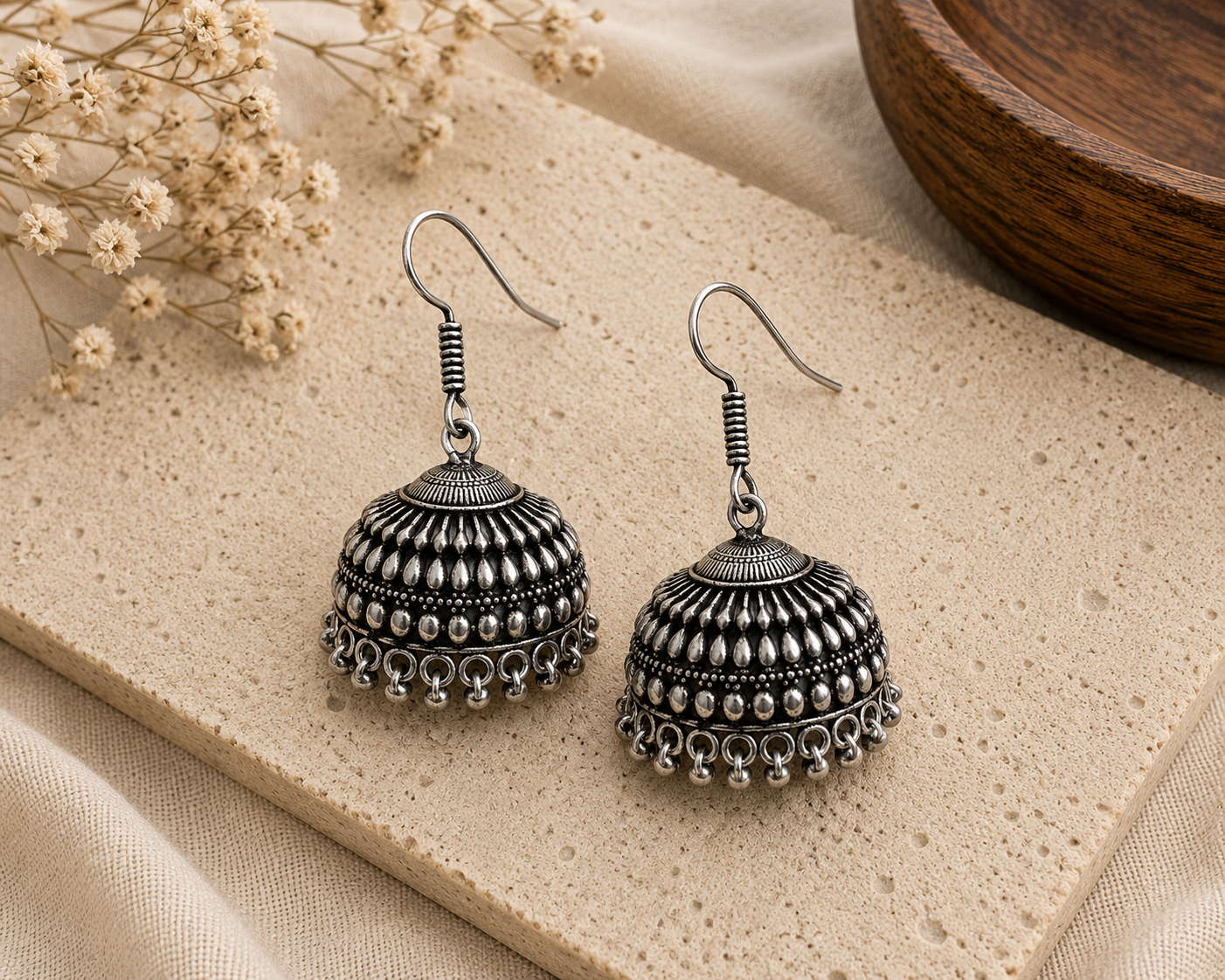 Oxidized Silver Dome Jhumka Earrings