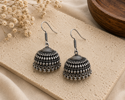 Oxidized Silver Dome Jhumka Earrings