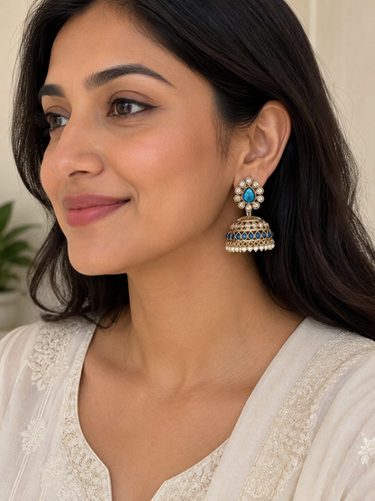 Blue Stone Floral Jhumka Earrings with Pearl Drops