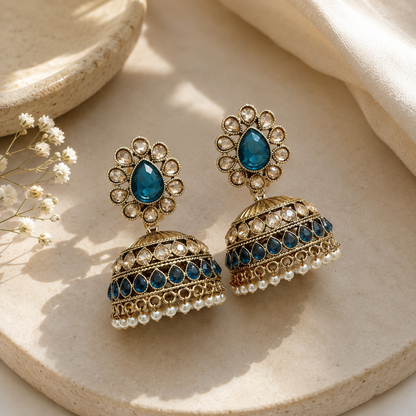 Blue Stone Floral Jhumka Earrings with Pearl Drops
