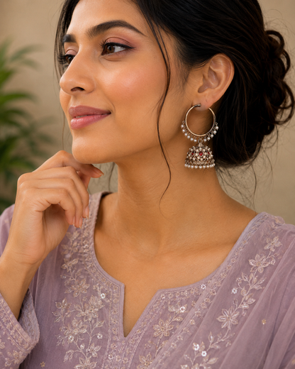 Pearl Hoop Jhumka Earrings with Ruby & Green Stone Detailing