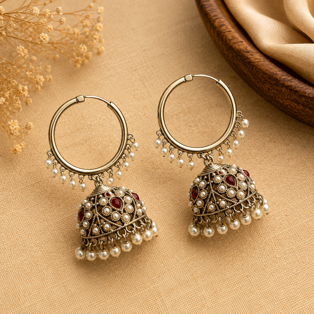 Pearl Hoop Jhumka Earrings with Ruby & Green Stone Detailing