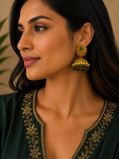 Antique Gold Peacock Jhumka Earrings with Green Beads