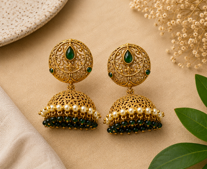 Antique Gold Peacock Jhumka Earrings with Green Beads